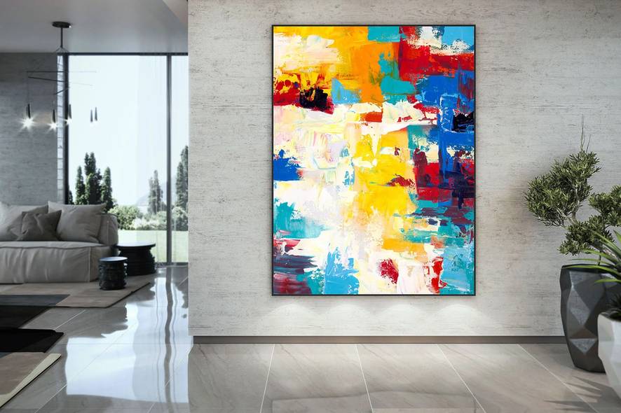 White Contemporary Yellow Abstract Canvas Artwork 6C0RJ wall art